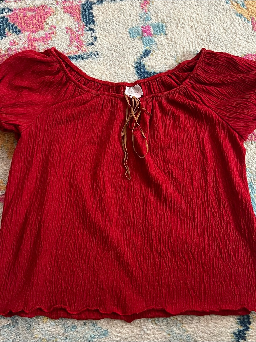 Red Cotton Short-Sleeve Peasant Top with Tie Neck